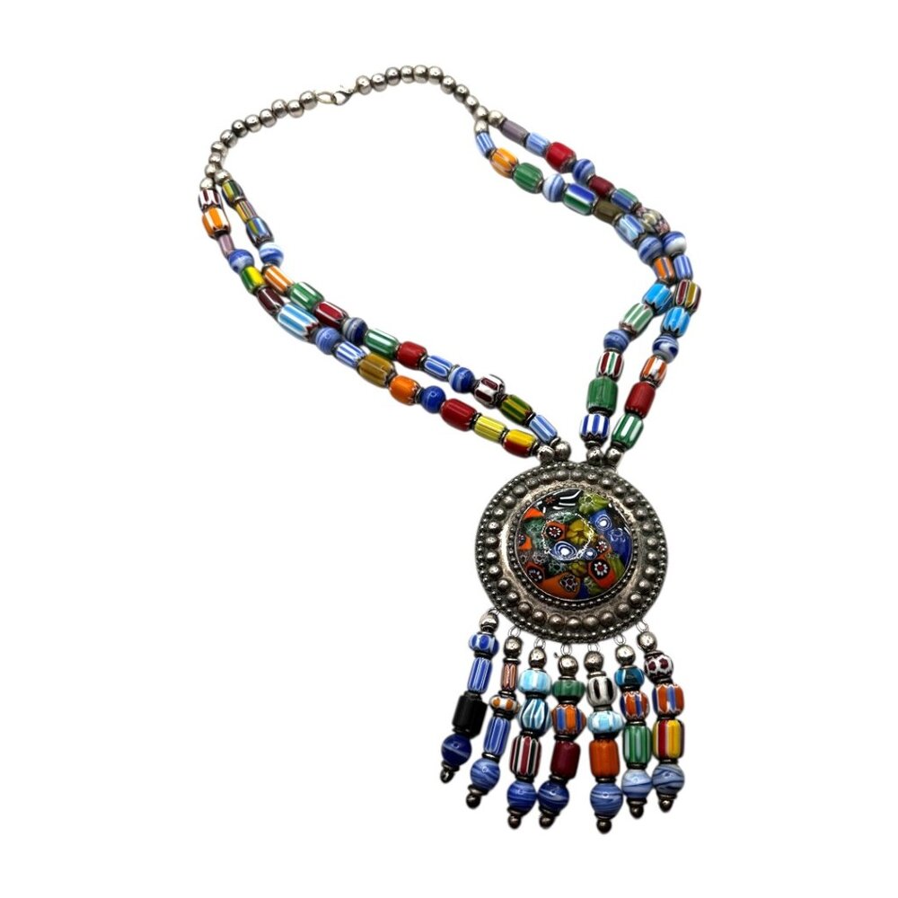Vintage Venetian Millefiori Glass Beaded Silver Metal Necklace